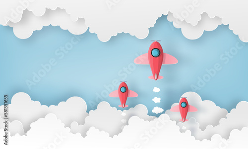 team spaceship or planes launch into the sky between the clouds. Vector paper art in startup business or education concept .