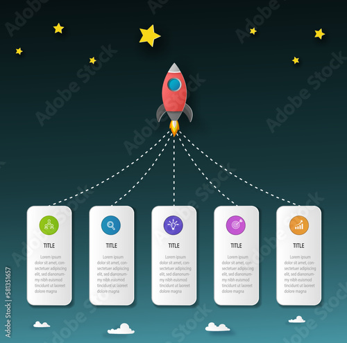 Space ship, rocket or plane red - white color launch to the solar system in the universe and flying to the asteroids. infographic template of vector illustration paper art concept.