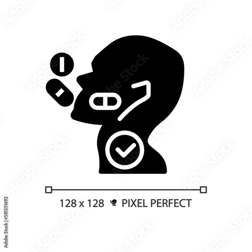 Take medication black glyph icon. Pills falling into patient throat. Pharmacy for disease treatment. Silhouette symbol on white space. Solid pictogram. Vector isolated illustration