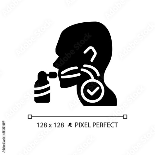 Throat spray black glyph icon. Remedy for inflammatory treatment. Breathe refreshing material. Medical care. Silhouette symbol on white space. Solid pictogram. Vector isolated illustration