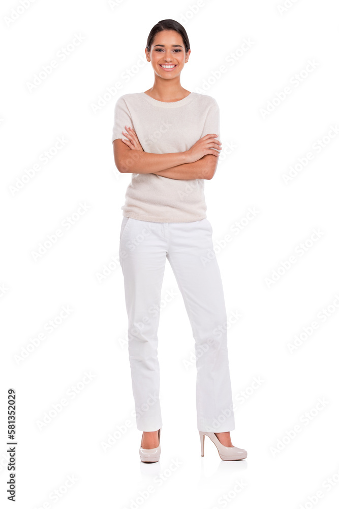 Beaming with confidence. A beautiful young woman standing with her arms folded smiling at the camera - full length. Beaming with confidence. A beautiful young woman standing with her arms folded smiling at the camera - full length.
