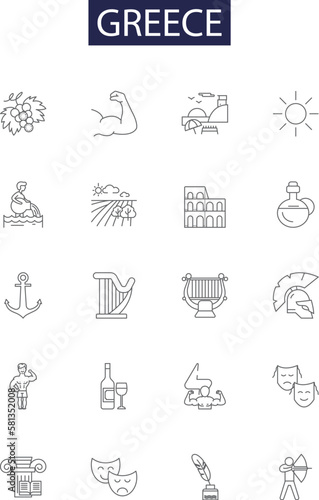 Greece line vector icons and signs. Aegean, Peloponnese, Athenian, Acropolis, Mycenaean, Olympus, Parthenon, Cycladic outline vector illustration set