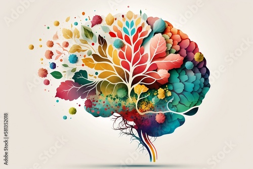 Colorful plants human brain. Mental health concept. Leaves on white paper background, modern drawn. Image is AI generated. Template design elements. Blossom, botanical art.