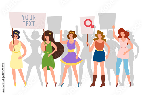 Women holding banners for protest vector illustration. Activists protesting and fighting for women rights on white background. Feminism, gender equality, protest, activism concept