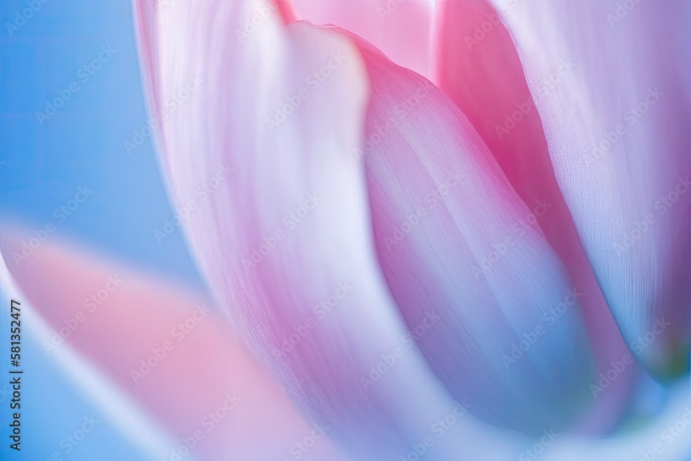 Macro photography of pink tulip petals with selective focus on blue background for banner. Generative AI