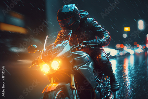 Motorcyclist riding motorbike in night city on road during rain. Close-up of racer in helmet driving motorcycle. Generative ai illustration