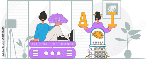 ﻿AI team of man and woman with modern look, illustrated in vector style. photo