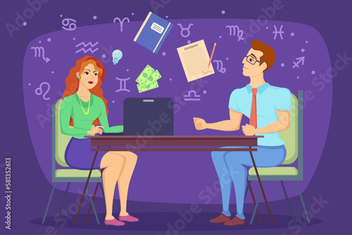 Woman reading horoscope vector illustration. Man asking for prediction when changing job. Office worker at desk with laptop and zodiac signs on purple background. Astrology, fortune telling concept