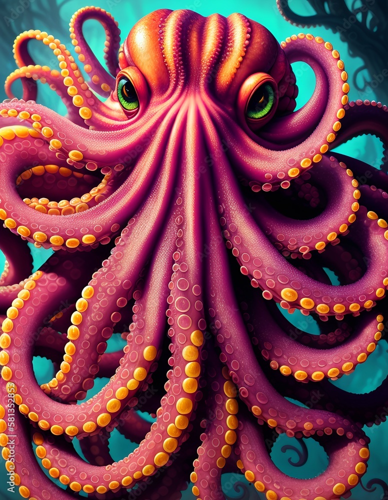 Fototapeta premium octopus painting, cephalopod portrait, digital illustration, Generative AI.