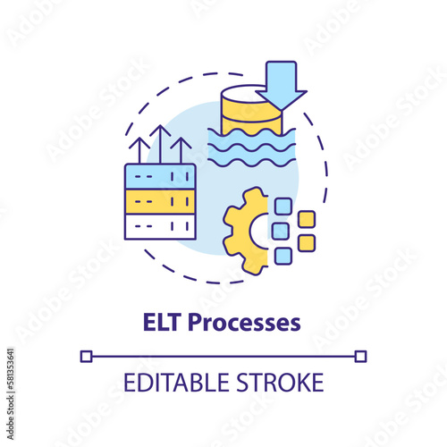 ELT processes concept icon. Extract, load and transform. Data lake architecture abstract idea thin line illustration. Isolated outline drawing. Editable stroke. Arial, Myriad Pro-Bold fonts used
