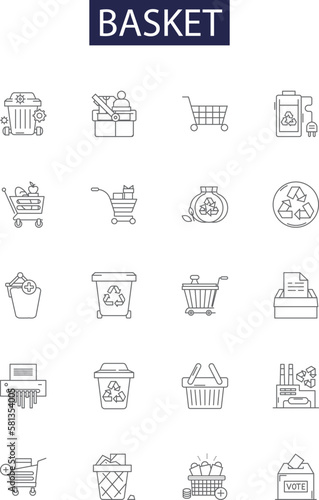 Basket line vector icons and signs. Wicker, Straw, Handled, Market, Fruit, Shopping, Store, Wire outline vector illustration set