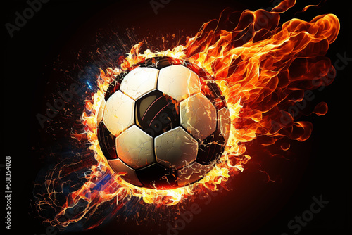 A football on fire in the net of the goal. AI