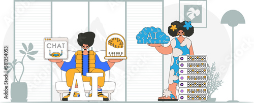 Guy and girl AI team in trendy style, vector illust.