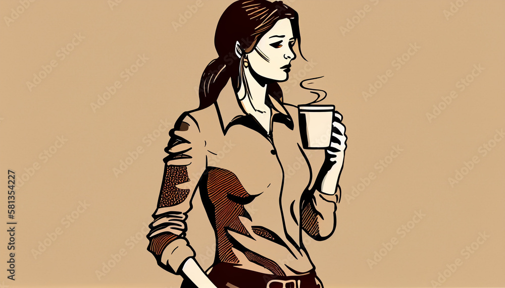 Vector, woman holding a cup of coffee on beige background, generated with AI
