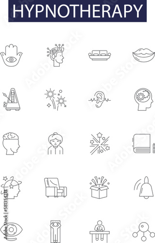 Hypnotherapy line vector icons and signs. Therapy, Hypnotherapist, Relaxation, Stress, Anxiety, Mental, Cognitive, Sleeping outline vector illustration set