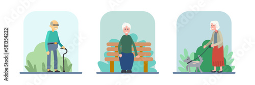 Set of active old people spending time outdoor in park. Senior people having healthy and active lifestyle. Recreation time. Walking dog. Happy old age. Vector