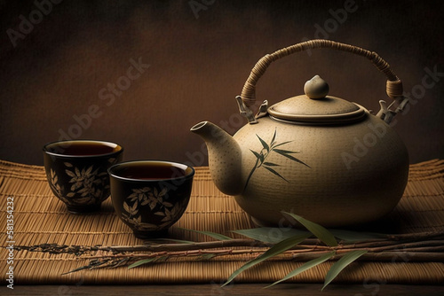 Hot Japanese tea served in traditional teapot and teacups on bamboo mat. AI