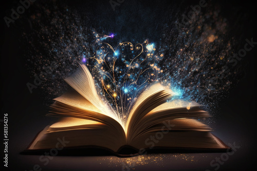 An antique book with open pages glows with abstract bokeh lights against a dark background, creating a magical atmosphere. AI photo