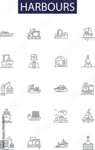 Harbours line vector icons and signs. Marinas, Wharfs, Jetties, Havens, Seaports, Quays, Pier, Anchorage outline vector illustration set