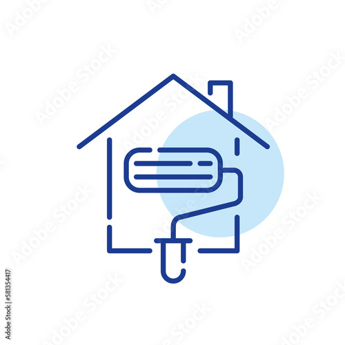 Home redecoration. House and roller painter. Pixel perfect, editable stroke line icon