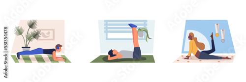 Group of athletic cartoon characters doing pilates at home. Training time. Active and healthy lifestyle. Yoga and fitness. Exercising indoor. Physical activity. Vector
