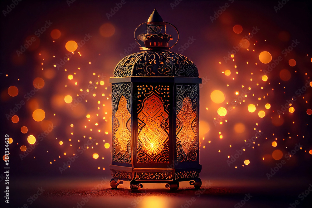 ornamental Arabic lantern with burning candle glowing at night. Muslim holy month Ramadan Kareem, generative ai ornamental Arabic lantern with burning candle glowing at night. Muslim holy month Ramadan Kareem, generative ai