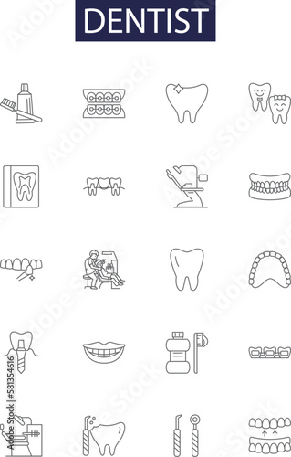 Dentist line vector icons and signs. Oral, Cavity, Teeth, Hygienist, Diagnosis, Plaque, Orthodontics, Treatment outline vector illustration set