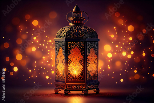 ornamental Arabic lantern with burning candle glowing at night. Muslim holy month Ramadan Kareem, generative ai