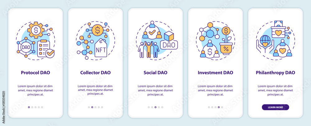 Types of DAOs onboarding mobile app screen. Internet industry walkthrough 5 steps editable graphic instructions with linear concepts. UI, UX, GUI template. Myriad Pro-Bold, Regular fonts used