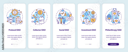 Types of DAOs onboarding mobile app screen. Internet industry walkthrough 5 steps editable graphic instructions with linear concepts. UI, UX, GUI template. Myriad Pro-Bold, Regular fonts used