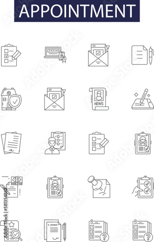 Appointment line vector icons and signs. Date, Arrange, Reserve, Book, Confirm, Set, Fix, Engage outline vector illustration set