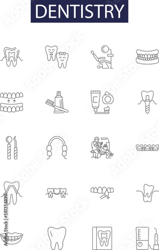 Dentistry line vector icons and signs. tooth, dental, hygiene, decay, fillings, crowns, bridges, root-canals outline vector illustration set