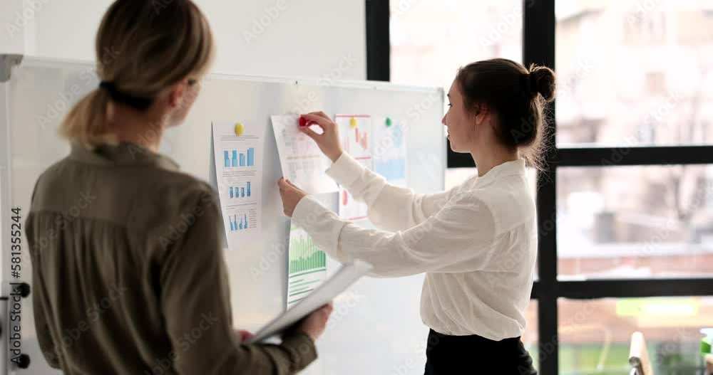 Two managers are preparing a business presentation with reports on whiteboard with attached documents in office Two managers are preparing a business presentation with reports on whiteboard with attached documents in office