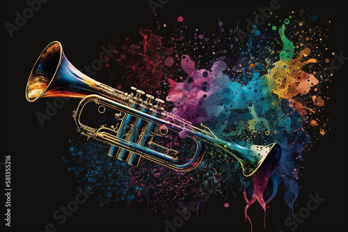 An illustration of colorful brass musical instruments, particularly a trumpet, is depicted on a black background with a splash effect. AI