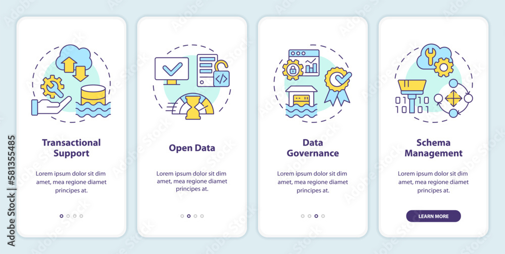 Data lakehouse onboarding mobile app screen. Repository architecture walkthrough 4 steps editable graphic instructions with linear concepts. UI, UX, GUI template. Myriad Pro-Bold, Regular fonts used