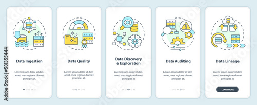 Data lake key concepts onboarding mobile app screen. Walkthrough 5 steps editable graphic instructions with linear concepts. UI, UX, GUI template. Myriad Pro-Bold, Regular fonts used © bsd studio