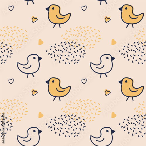 Seamless pattern with birds and hearts on a light background. Vector illustration in doodle style.