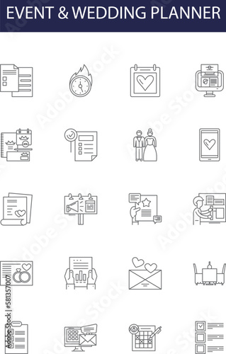 Event & wedding planner line vector icons and signs. Wedding, Planner, Organizing, Coordinating, Arranging, Celebrations, Management, Promotions outline vector illustration set