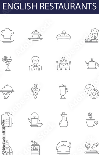 English restaurants line vector icons and signs. food, english, traditional, pub, bar, dinner, meal,british outline vector illustration set