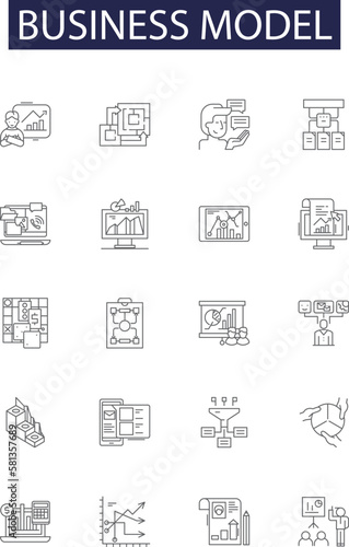 Business model line vector icons and signs. Process, Plan, Network, Venture, Structure, Dynamics, Profits, Revenue outline vector illustration set