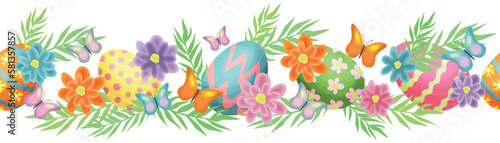 Seamless border with Easter eggs and leaves, flowers, butterflies. The eggs are pink, blue and orange. Isolated vector illustration