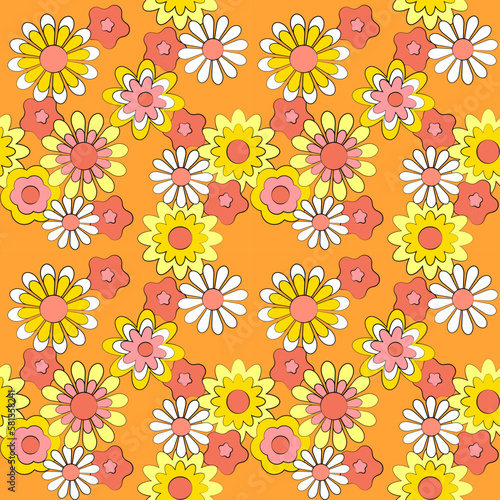 Summer floral background, seamless pattern, yellow white orange abstract flowers, vector illustration, textile print, wallpaper, packaging.