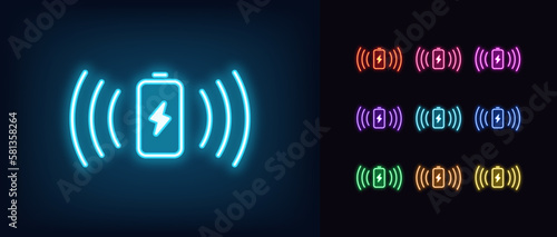 Outline neon wireless battery charging icon set. Glowing neon battery with lightning sign and waves, wireless electric charger. Inductive dock station for charging devices.