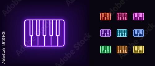 Outline neon piano icon set. Glowing neon piano keyboard sign, musical instrument pictogram. Classical music, pianoforte melody, jazz show and performance, piano keys and sound.