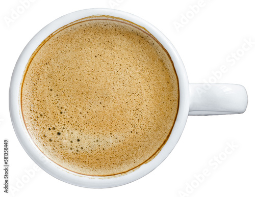 Top view flat lay of isolated white coffee cup or mug with crema, view from above