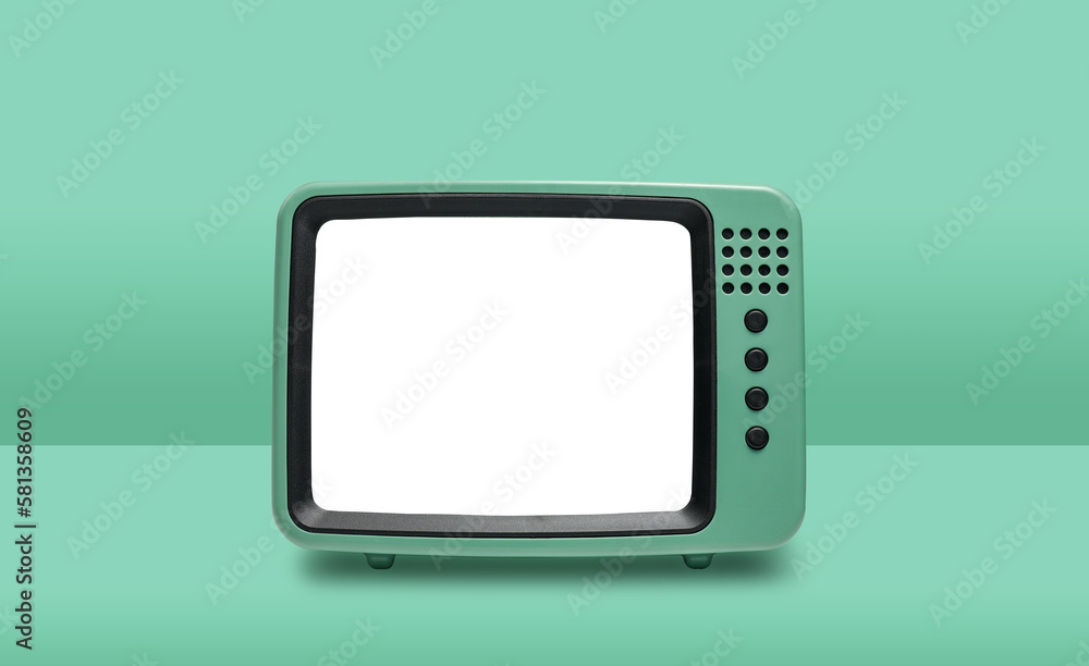 Green mint TV Retro style with blank screen using as frame design set on table isolated on green background using for graphic design. Green mint TV Retro style with blank screen using as frame design set on table isolated on green background using for graphic design.