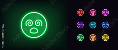 Outline neon hypnotized emoji icon set. Glowing neon dizzy emoticon with spiral eyes and open mouth, confused zombie face pictogram. Madness emoji, raving emoticon, psychedelic face.