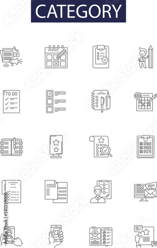 Category line vector icons and signs. Division, Type, Domain, Genre, Set, Group, Sort, Categorization outline vector illustration set