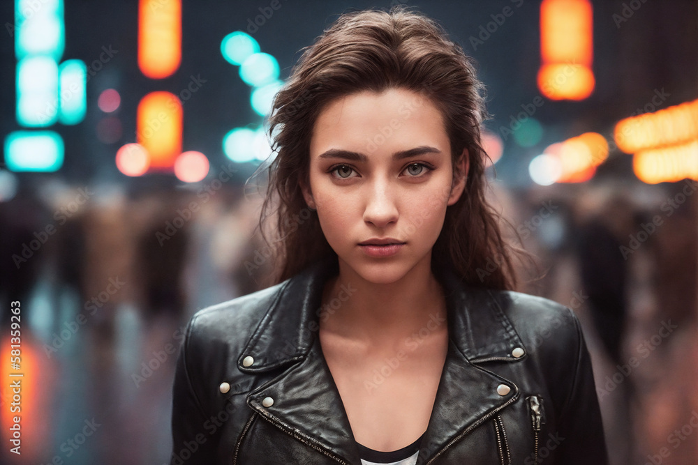 A beautiful woman portrait, night city as background. Generative AI.
