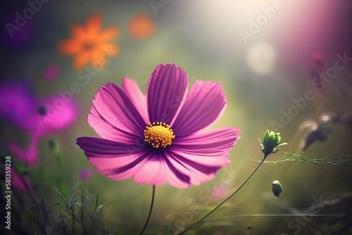 Beautiful cosmos flower blooming in the field on nature background. Generative AI